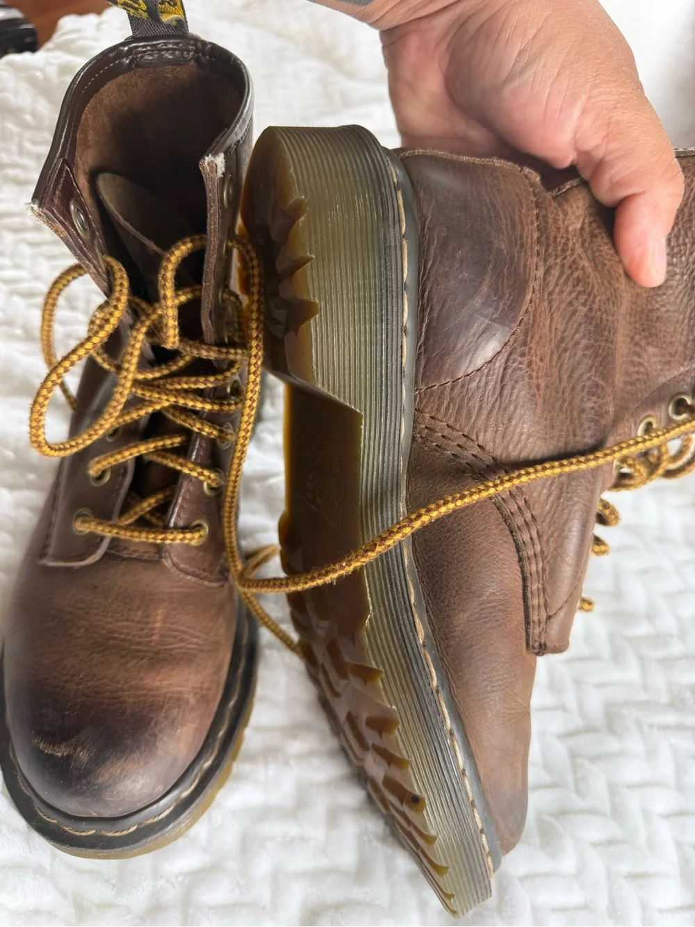 Dr. Martens Brown Leather Lace-Up Men's Boots with Yellow Stitching